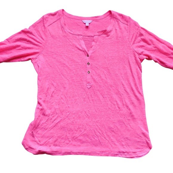 Lilly Pulitzer Tops - New cond.Lilly Pulitzer XL Top Blouse Bright Pink Linen 3/4 Sleeve Button Henley